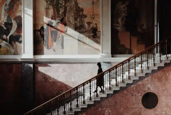 woman walking down stairs